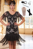 Black Silver Beaded Sequins Fringed Bodycon 1920s Dress With 4-Piece Accessories Set