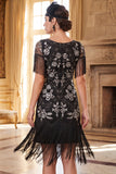 Black Silver Beaded Sequins Fringed Bodycon 1920s Dress With 4-Piece Accessories Set