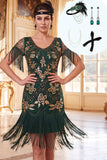 Green Golden V-Necck Sequins Fringed Bodycon 1920s Dress With 4-Piece Accessories Set