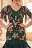 Green Golden V-Necck Sequins Fringed Bodycon 1920s Dress With 4-Piece Accessories Set