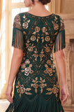 Green Golden V-Necck Sequins Fringed Bodycon 1920s Dress With 4-Piece Accessories Set