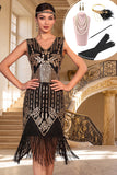 Black Golden Sequins Fringed V-Neck Bodycon 1920s Dress With 5-Piece Accessories Set
