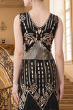 Black Golden Sequins Fringed V-Neck Bodycon 1920s Dress With 5-Piece Accessories Set