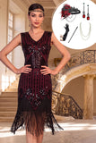 Black Red V-Neck Sequins Bodycon Fringed Midi 1920s Dress With 5-Piece Accessories Set
