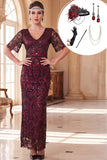 Burgundy Sheath Sequins V-Neck 1920s Dress With 5-Piece Accessories Set