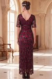 Burgundy Sheath Sequins V-Neck 1920s Dress With 5-Piece Accessories Set