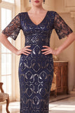 Navy V-Neck Sheath Short Sleeves Sequins 1920s Dress With 5-Piece Accessories Set