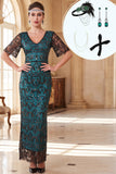 Peacock Green V-Neck Sheath Sequins Long 1920s Dress With 4-Piece Accessories Set