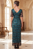 Peacock Green V-Neck Sheath Sequins Long 1920s Dress With 4-Piece Accessories Set