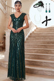 Dark Green V-Neck Sheath Tulle 1920s Dress With 4-Piece Accessories Set