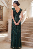 Dark Green V-Neck Sheath Tulle 1920s Dress With 4-Piece Accessories Set