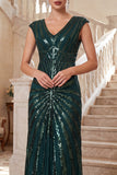 Dark Green V-Neck Sheath Tulle 1920s Dress With 4-Piece Accessories Set