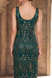 Dark Green Scoop Neck Sequins Sheath Fringed Long 1920s Dress With 4-Piece Accessories Set