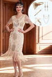 Apricot V-Neck Sequins Sheath Fringed 1920s Dress With 5-Piece Accessories Set