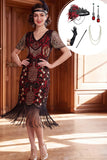 Black Red V-Neck Sequins Bodycon Fringed 1920s Dress With 5-Piece Accessories Set
