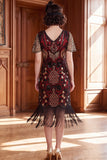 Black Red V-Neck Sequins Bodycon Fringed 1920s Dress With 5-Piece Accessories Set
