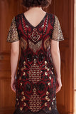 Black Red V-Neck Sequins Bodycon Fringed 1920s Dress With 5-Piece Accessories Set