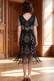 Black Silver V-Neck Bodycon Sequins Fringed 1920s Dress With 5-Piece Accessories Set