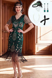 Dark Green V-Neck Sequins Fringed Bodycon 1920s Dress With 4-Piece Accessories Set