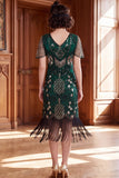 Dark Green V-Neck Sequins Fringed Bodycon 1920s Dress With 4-Piece Accessories Set