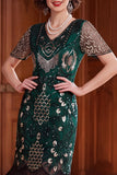 Dark Green V-Neck Sequins Fringed Bodycon 1920s Dress With 4-Piece Accessories Set