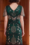 Dark Green V-Neck Sequins Fringed Bodycon 1920s Dress With 4-Piece Accessories Set