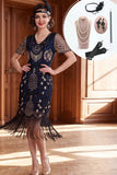 Black Silver V-Neck Sequins Beaded Bodycon Fringed 1920s Dress With 5-Piece Accessories Set