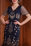Black Silver V-Neck Sequins Beaded Bodycon Fringed 1920s Dress With 5-Piece Accessories Set
