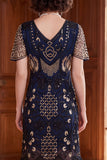 Black Silver V-Neck Sequins Beaded Bodycon Fringed 1920s Dress With 5-Piece Accessories Set