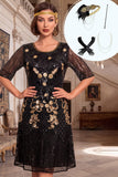 Black Golden Round Neck Sequins A-Line Half Sleeves 1920s Dress With 4-Piece Accessories Set