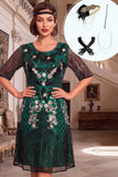 Dark Green Sequins Round Neck Half Sleeves A-Line 1920s Dress With 4-Piece Accessories Set