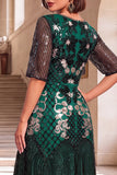 Dark Green Sequins Round Neck Half Sleeves A-Line 1920s Dress With 4-Piece Accessories Set