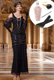 Black Cold Shoulder Sequins Sheath Fringed Long 1920s Dress With 5-Piece Accessories Set