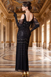 Black Cold Shoulder Sequins Sheath Fringed Long 1920s Dress With 5-Piece Accessories Set