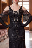 Black Cold Shoulder Sequins Sheath Fringed Long 1920s Dress With 5-Piece Accessories Set