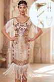 Apricot V-Neck Sequins Sheath Fringed Midi 1920s Dress With 5-Piece Accessories Set
