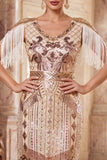 Apricot V-Neck Sequins Sheath Fringed Midi 1920s Dress With 5-Piece Accessories Set