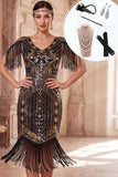 Black Golden V-Neck Sheath Fringed Midi 1920s Dress With 5-Piece Accessories Set