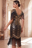 Black Golden V-Neck Sheath Fringed Midi 1920s Dress With 5-Piece Accessories Set