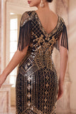 Black Golden V-Neck Sheath Fringed Midi 1920s Dress With 5-Piece Accessories Set