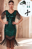 Dark Green V-Neck Sequins Fringed Bodycon Midi 1920s Dress With 4-Piece Accessories Set