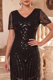 Black V-Neck Beaded Sequins Bodycon Fringed Midi 1920s Dress With 4-Piece Accessories Set