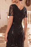 Black V-Neck Beaded Sequins Bodycon Fringed Midi 1920s Dress With 4-Piece Accessories Set