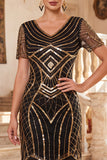 Black Golden V-Neck Sequins Fringed Bodycon Midi 1920s Dress With 4-Piece Accessories Set