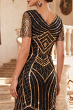 Black Golden V-Neck Sequins Fringed Bodycon Midi 1920s Dress With 4-Piece Accessories Set