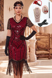 Black Red V-Neck Sequins Beaded Fringed Midi 1920s Dress With 4-Piece Accessories Set