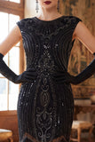 Black Round Neck Sequins Beaded Fringed Midi 1920s Dress With 5-Piece Accessories Set