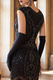 Black Round Neck Sequins Beaded Fringed Midi 1920s Dress With 5-Piece Accessories Set