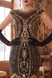 Black Golden Round Neck Sequins Fringed Cap Sleeves Midi 1920s Dress With 4-Piece Accessories Set