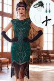 Bodycon Dark Green Round Neck Sequins Fringed Cap Sleeves Midi 1920s Dress With 4-Piece Accessories Set